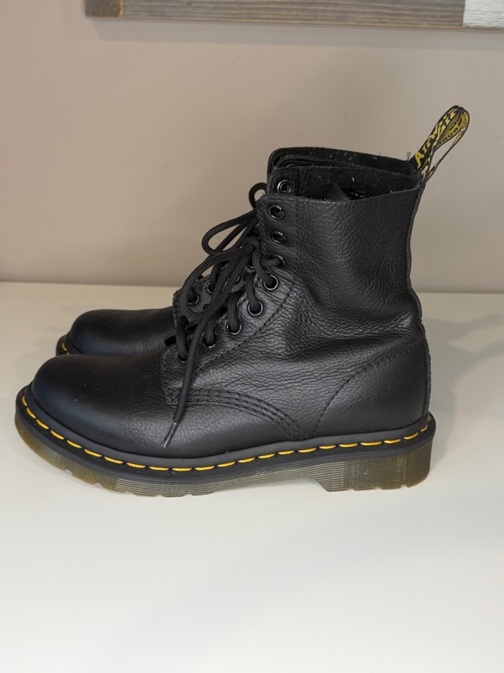Dr. Martens Black Leather Lace-Up Boots with Yellow Stitching